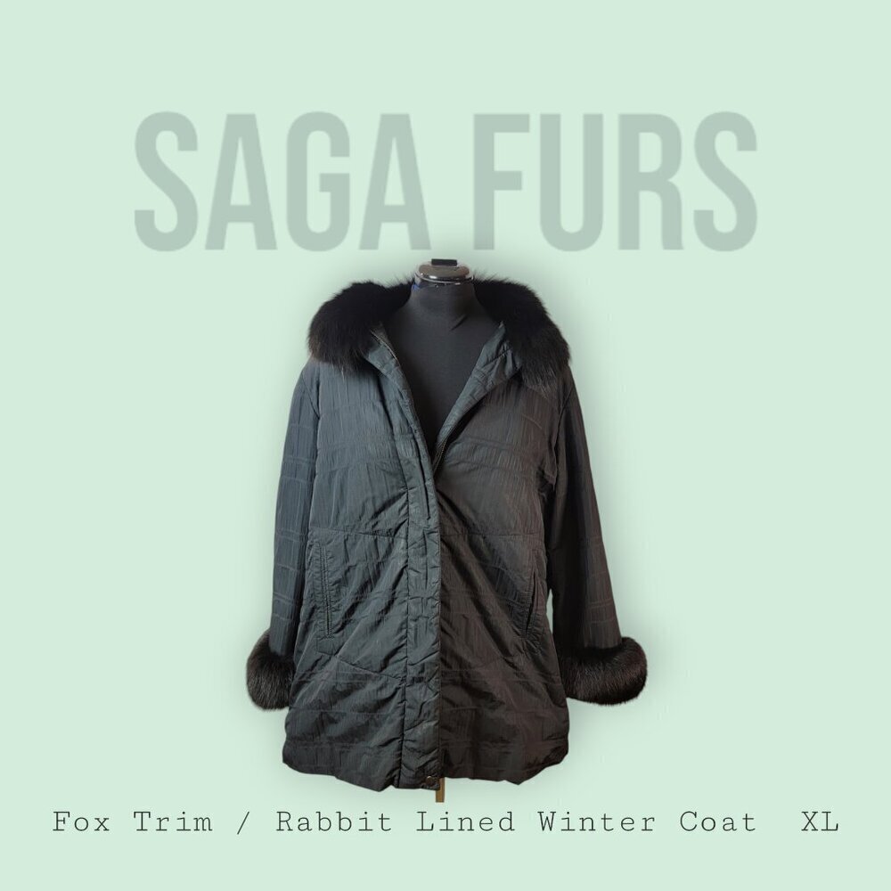 🖤 Saga Furs Women’s XL Coat – Fox Fur Trim & Rabbit Lining! 🖤